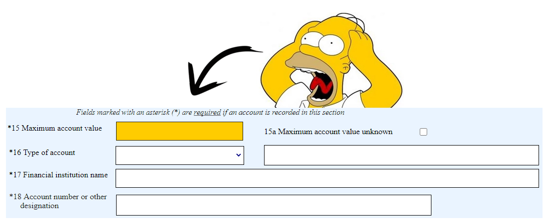 A screenshot of the FBAR filing form with maximum account value highlighted