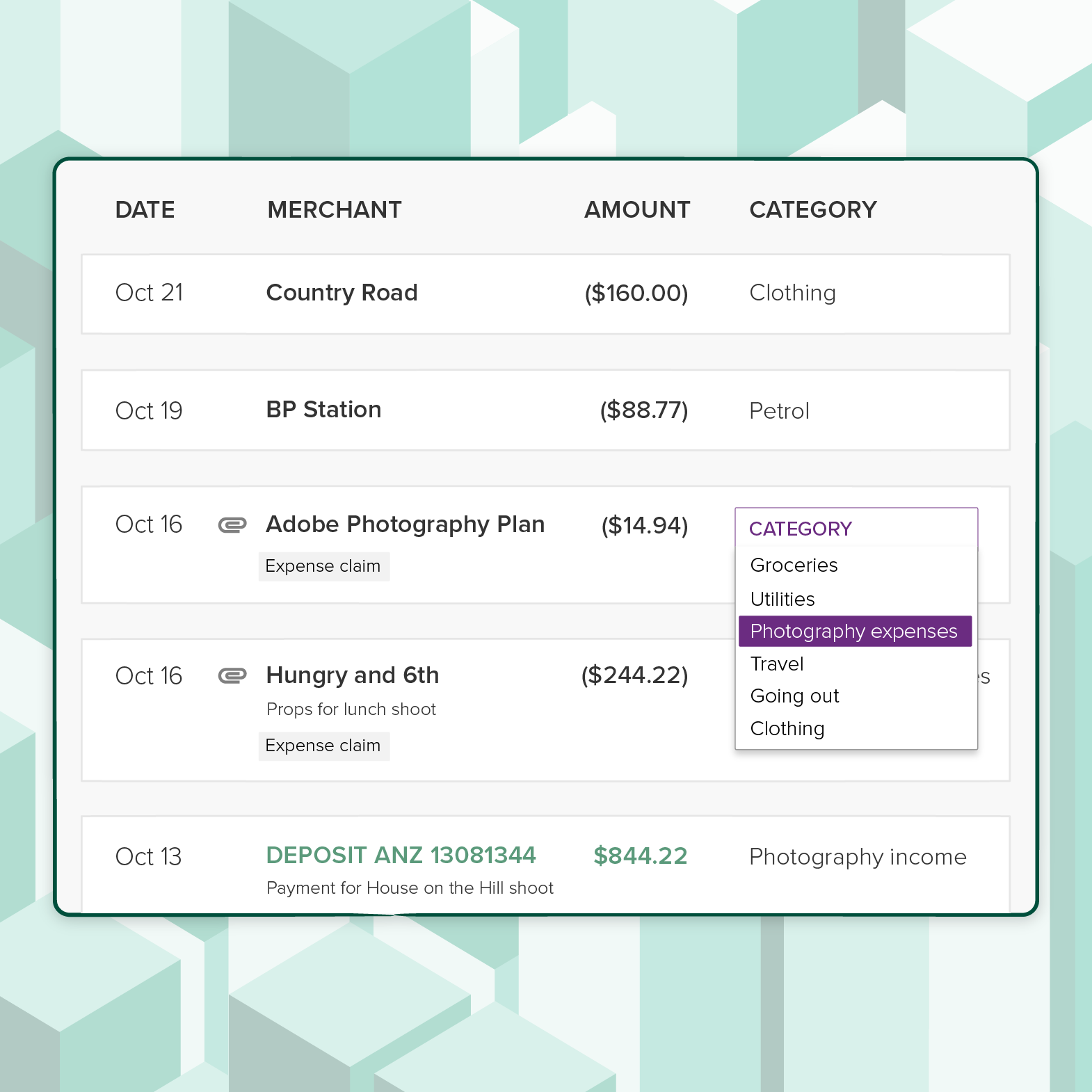 A screenshot of categorized transactions in PocketSmith from a freelance photographer