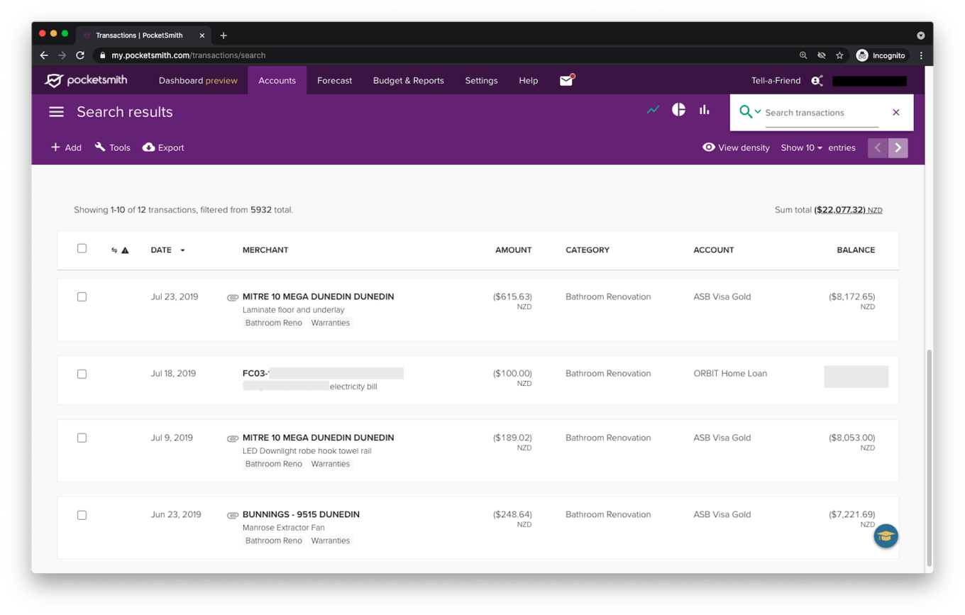 There's no need for storage boxes when you can save all of your reno invoices, receipts and warranties in PocketSmith! A screenshot of bathroom renovation purchases in PocketSmith
