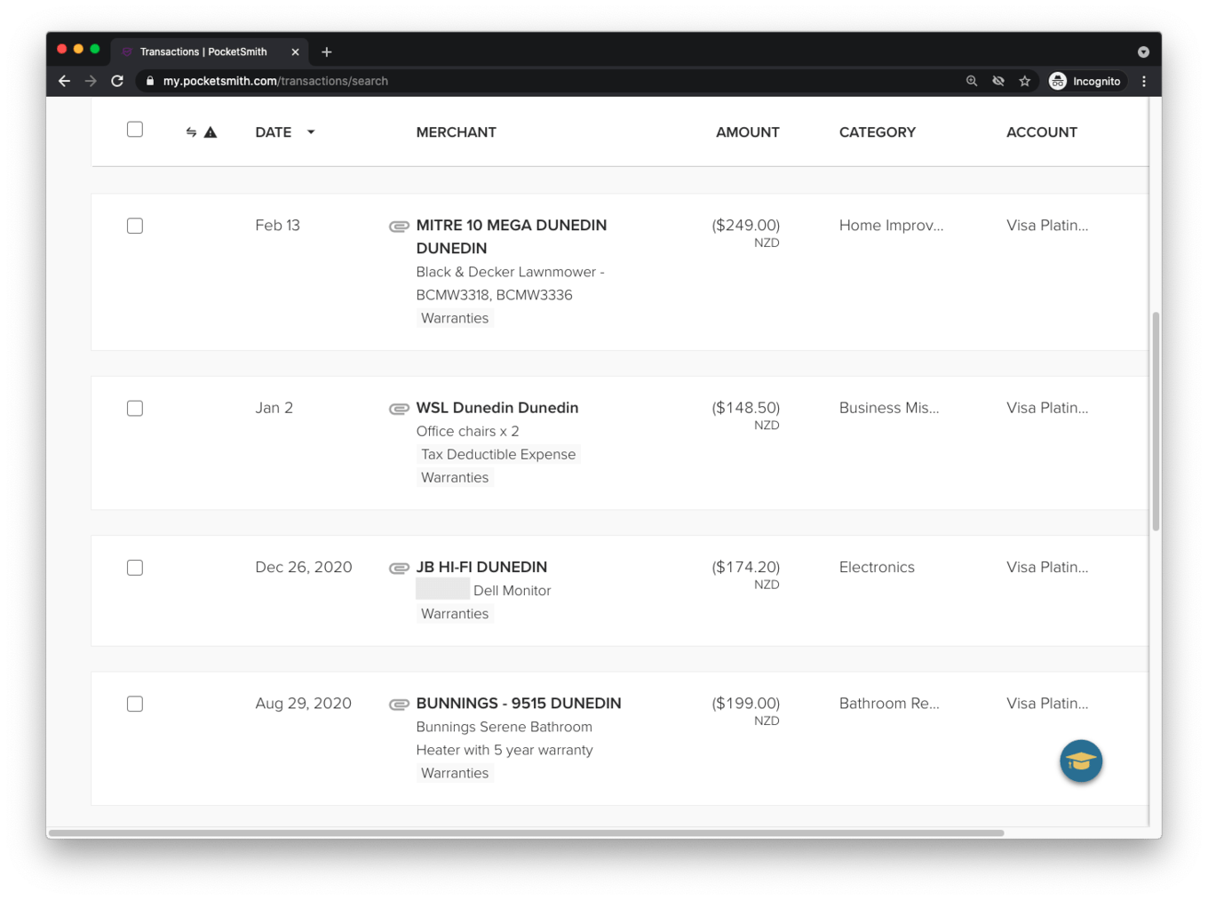 It's easy to keep track of all your warranties when you attach the information to your purchases in PocketSmith A screenshot of purchases in PocketSmith with warranty information attached